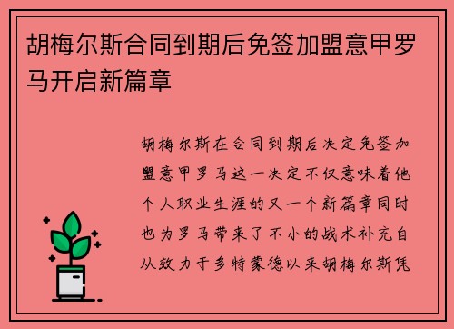 胡梅尔斯合同到期后免签加盟意甲罗马开启新篇章